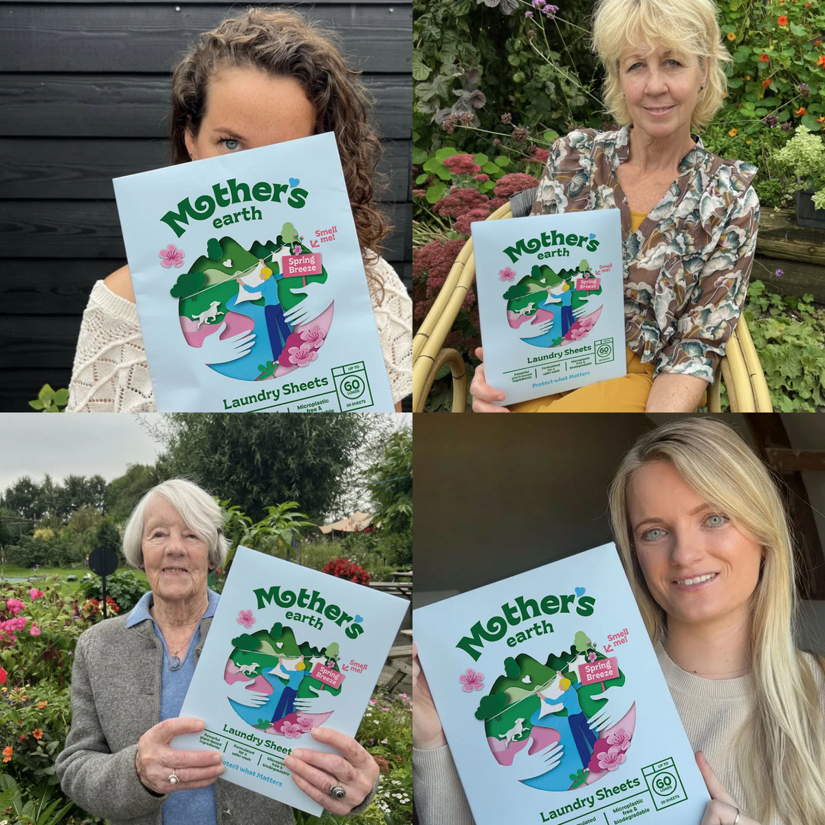 Four people each holding a package of Mother's Earth Laundry Sheets in a garden setting.